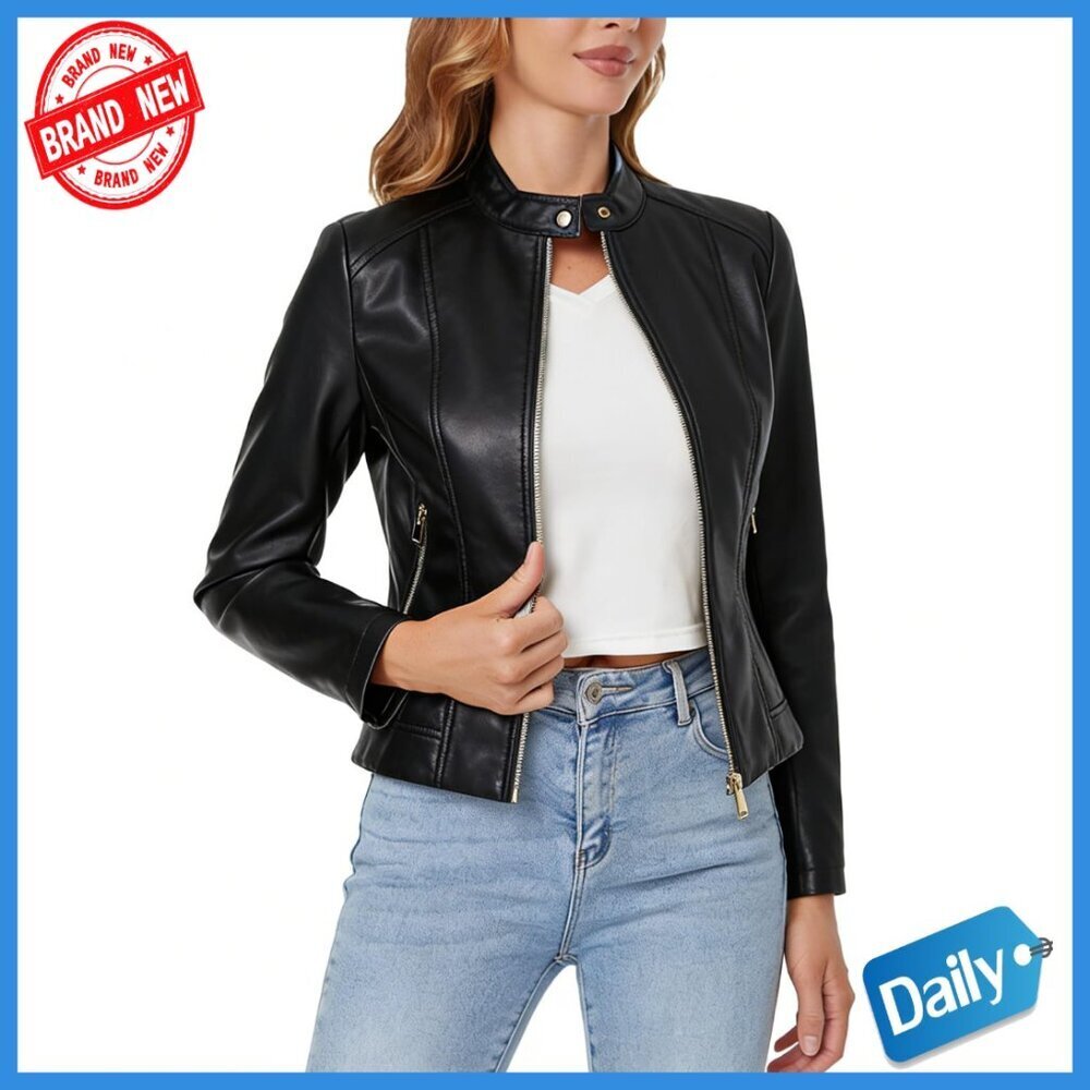 Faux Leather Moto Jacket, Slim Fit, Zip Front, Long Sleeve, Short Length